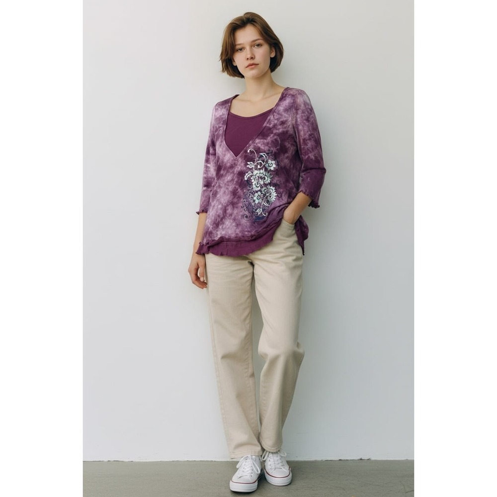 Dressbarn Petite PL Purple Tie Dye Floral Embellished Layered Look Top